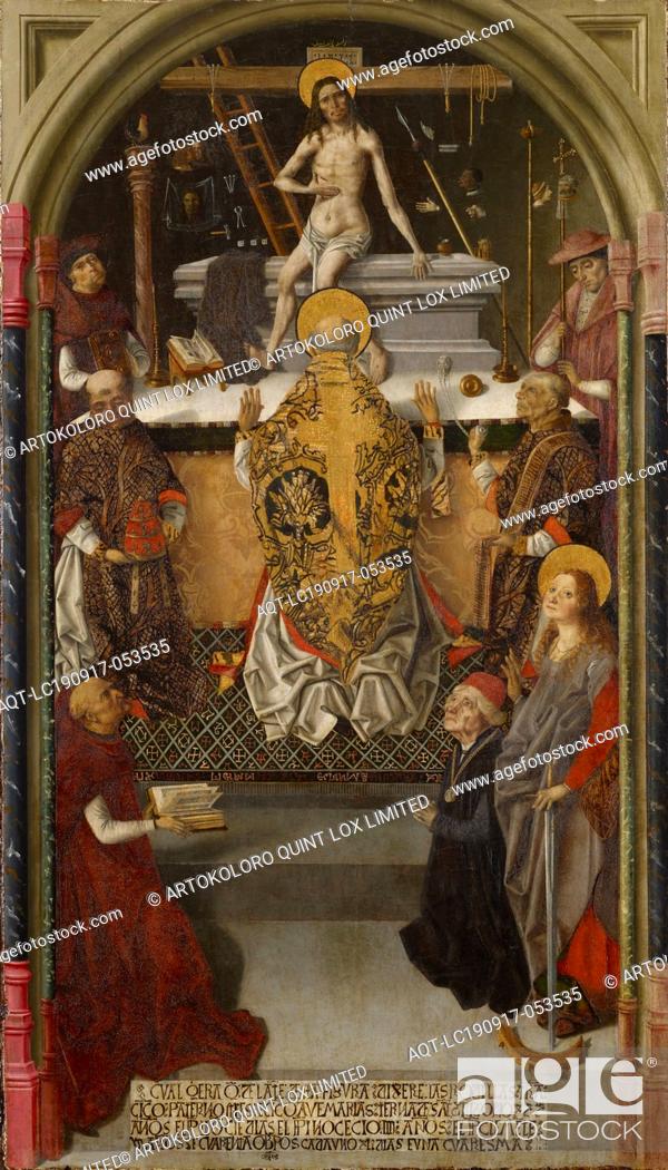 Stock Photo: The Gregory Mass with a donor, c. 1480-1500, mixed technique on fir wood, 129.5 x 74.5 cm, unsigned., Lower indentation: CVAL QERA Q [E] DELA [N] TE DESTA.
