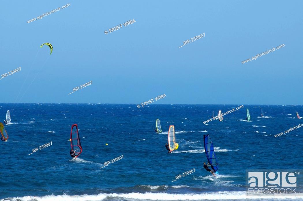 Stock Photo: El Medano, ocean with windsurfers and kitesurfers, Tenerife, Canary Islands, Spain.
