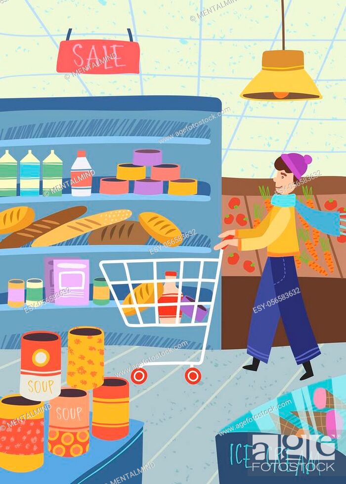 Man doing the grocery shopping pushing a cart with food in a supermarket,  Stock Vector, Vector And Low Budget Royalty Free Image. Pic. ESY-056583632  | agefotostock
