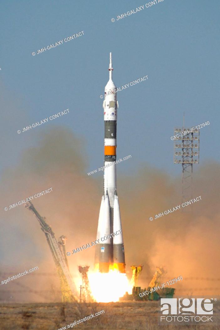 Stock Photo: At the Baikonur Cosmodrome in Kazakhstan, the Soyuz TMA-12 spacecraft lifted off into a cloudless sky April 8, 2008 at 5:16 p.m.