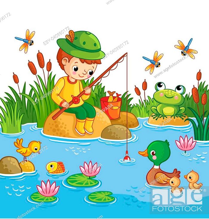The boy sits on a rock and catches fish in a pond. Vector illustration of a  cartoon childlike style..., Stock Vector, Vector And Low Budget Royalty  Free Image. Pic. ESY-040990172 | agefotostock