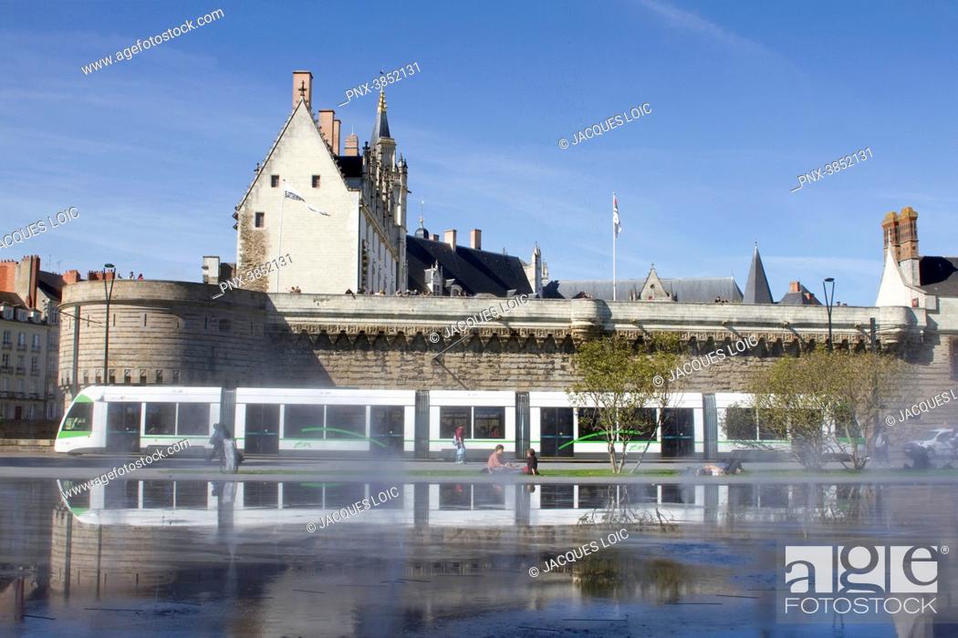 Stock Photo: France, Nantes, tram going in front of the Castle (Chateau des Ducs).