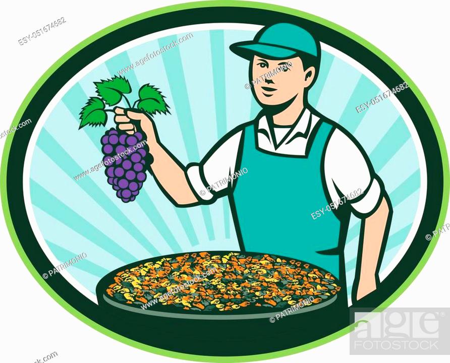 Stock Vector: Illustration of a farm boy wearing hat holding grapes with bowl of raisins set inside oval shape with sunburst in the background done in retro style.