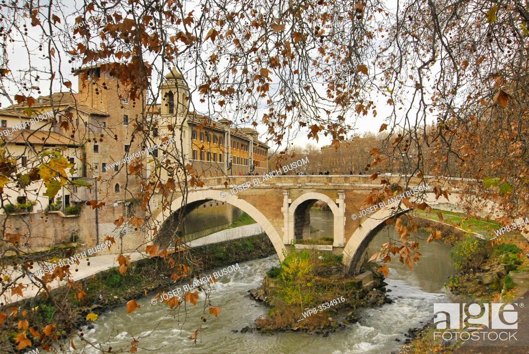 Stock Photo: Ponte Fabricio in Rome. It dates from 62BC and is the oldest surviving Roman bridge in Rome, Italy.