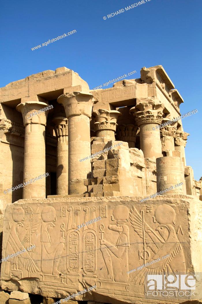 Stock Photo: Stone Block with Bas-reliefs, Temple of Haroeris and Sobeck, Kom Ombo, Egypt.