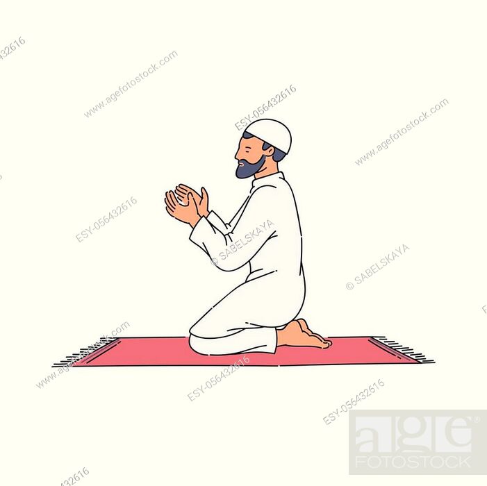 Cartoon Muslim man saying a prayer on a carpet. Islam religion follower in  traditional clothes and..., Stock Vector, Vector And Low Budget Royalty  Free Image. Pic. ESY-056432616 | agefotostock