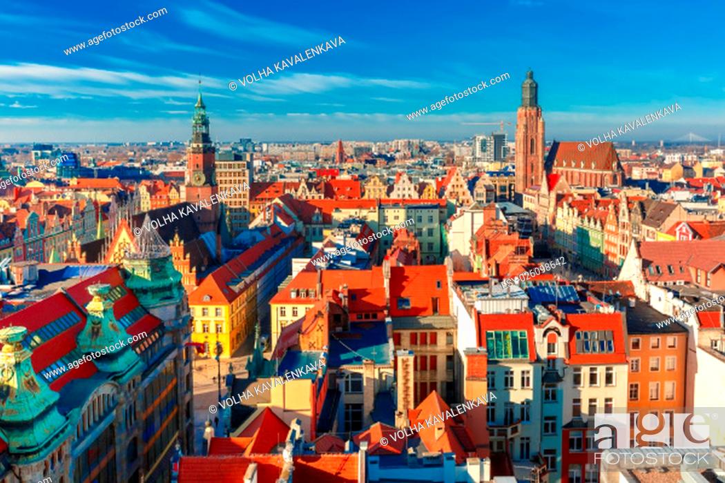 Stock Photo: Aerial view of Stare Miasto with Market Square, Old Town Hall and St. Elizabeth&#39;s Church from St. Mary Magdalene Church in Wroclaw, Poland.