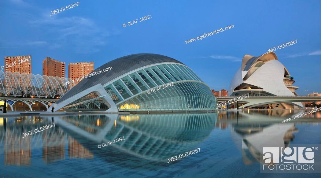Stock Photo: Spain, Valencia, Panoramic view of L'Hemisferic and Palau de les Arts Reina Sofia.