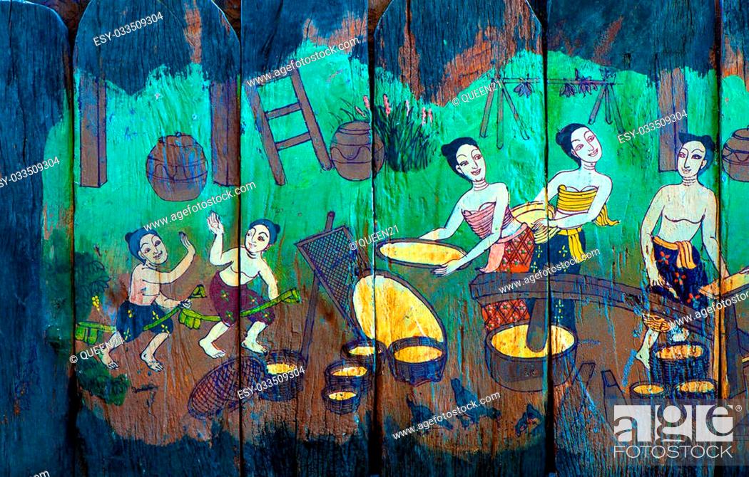 Stock Photo: Traditional Thai style art stories of religion on wood boards.