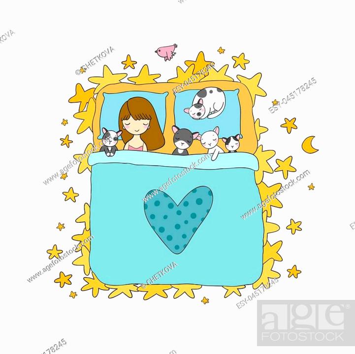 Sleeping girl and cat in bed. Good night. Sweet dreams. Vector  illustration, Stock Vector, Vector And Low Budget Royalty Free Image. Pic.  ESY-045178245 | agefotostock
