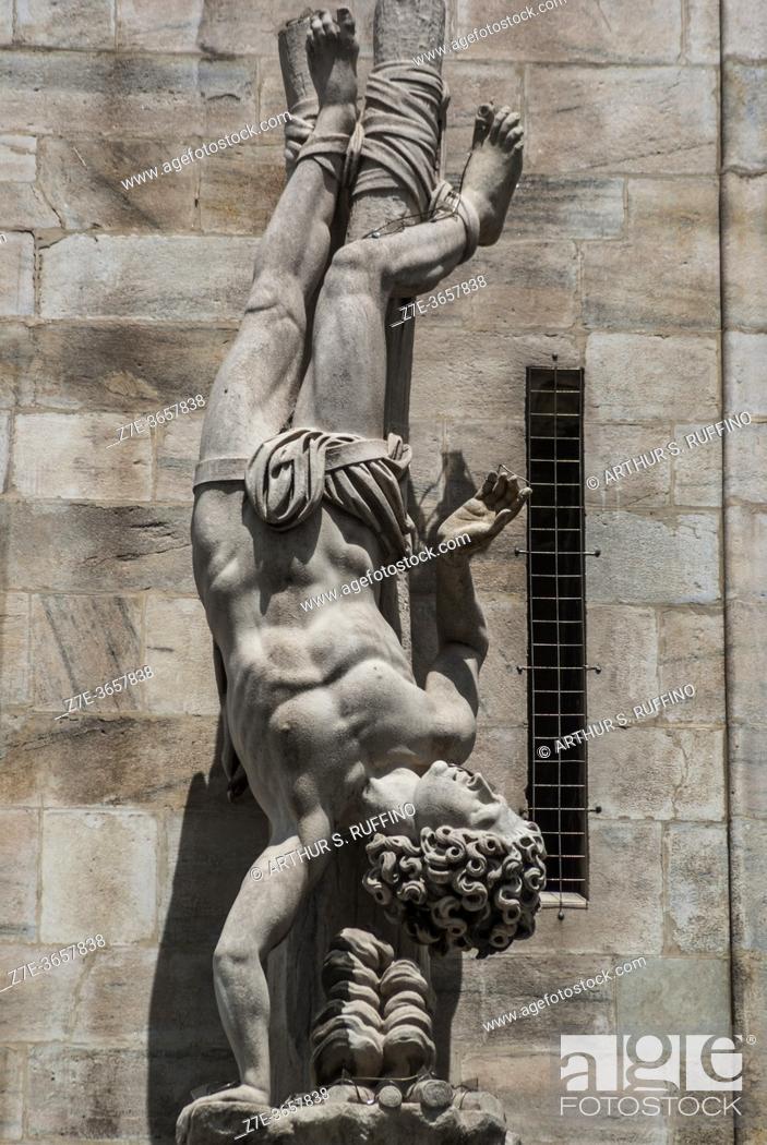 Stock Photo: Telephoto of sculpture on exterior of Milan Cathedral (Duomo di Milano). Piazza del Duomo, Milan, Lombardy, Italy, Europe.