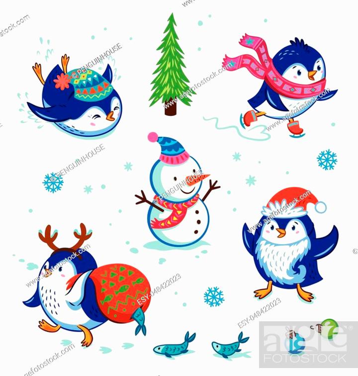 Cute hand drawn penguins set. Cartoon Penguin skating, slides, carries a  fish in a bag, Stock Vector, Vector And Low Budget Royalty Free Image. Pic.  ESY-048422023 | agefotostock