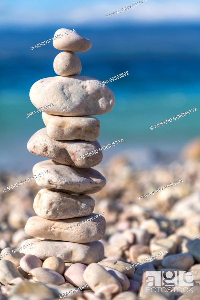 Stock Photo: Stack of pebbles on the beach in PotovoÅ¡Ä‡e, Vbrnik, island of Krk, Kvarner Bay, Primorje-Gorski Kotar County, Croatia.