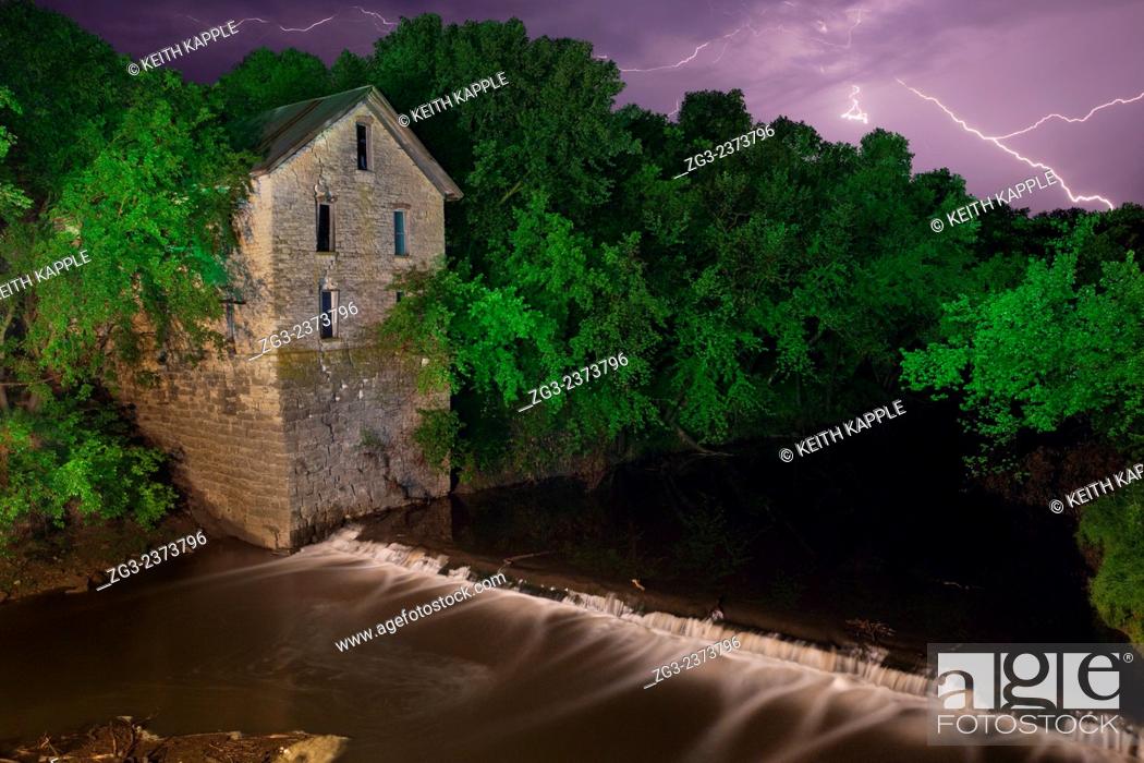 Stock Photo: Light Painting and Night photography of Cedar Point Mill ruins in Kansas.
