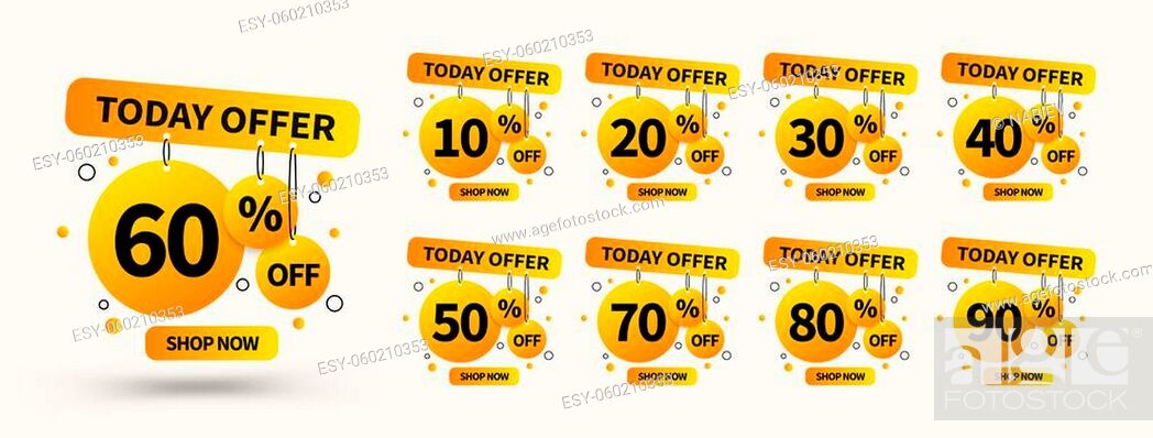 Stock Vector: Vector yellow sale tags set. Concept design elements for use in advertising, web, print design and marketing. Trendy badges template, up to 10, 20, 30, 40, 50.