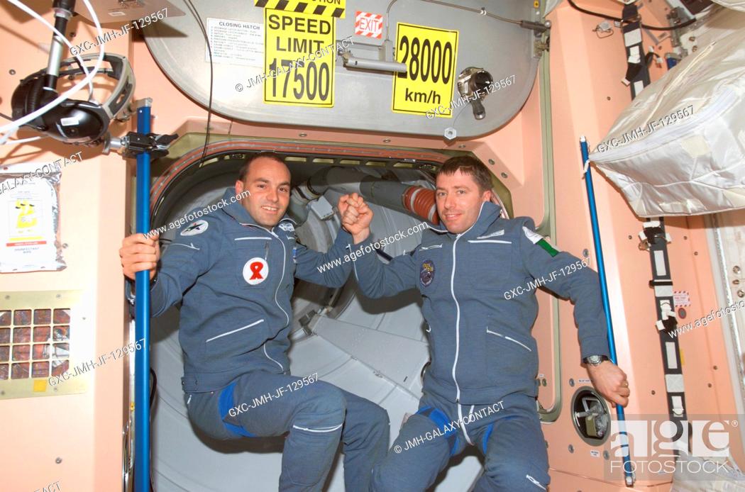 Stock Photo: Two Soyuz Taxi crewmembers, South African space flight participant Mark Shuttleworth (left) and Flight Engineer Roberto Vittori of the European Space Agency.