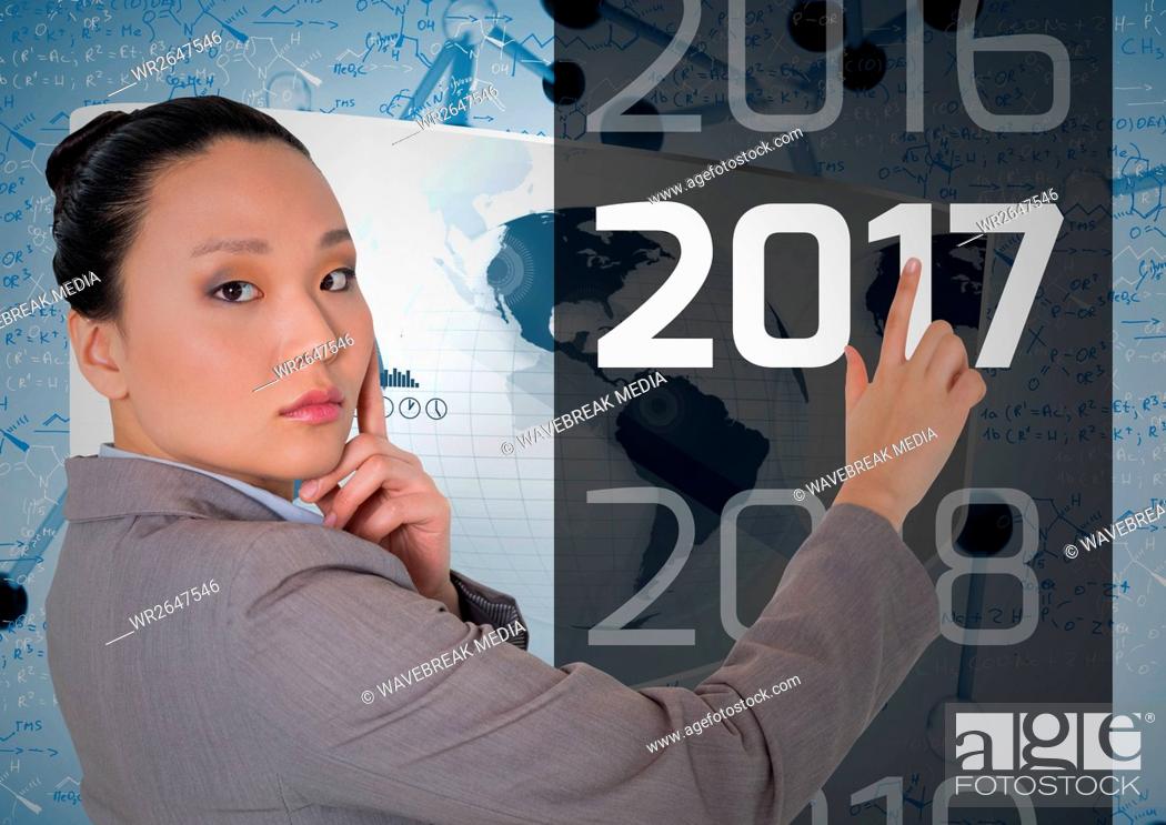Stock Photo: Thoughtful business woman touching 2017 message in 3D digitally generated background.