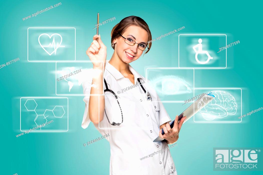 Stock Photo: Young female doctor in uniform touch hexagon with icons over green background.