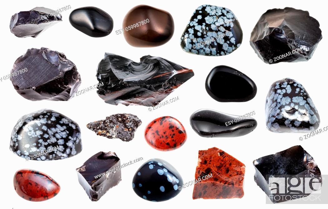 Stock Photo: collage from various Obsidian (volcanic glass) natural mineral gem stones and samples of rock isolated on white background.