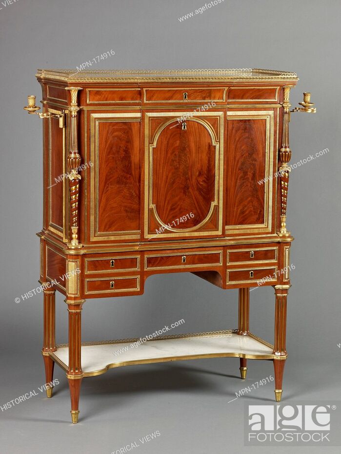 Stock Photo: Secretary (secrétaire à abattant). Artist: Attributed to Adam Weisweiler (French, 1744-1820); Date: ca. 1780-90; Medium: Oak veneered with mahogany; white.