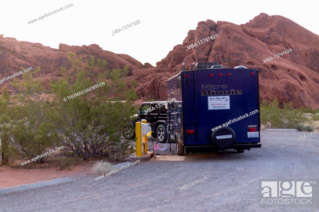 Stock Photo: Jeep and Trailer at the campground in Valley of Fire State Park, Nevada, USA.