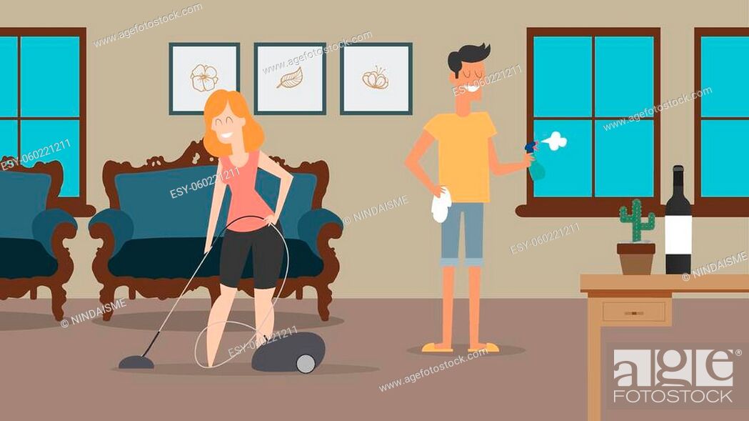 Funny couple cleaning house together cartoon vector illustration, Stock  Vector, Vector And Low Budget Royalty Free Image. Pic. ESY-060221211 |  agefotostock