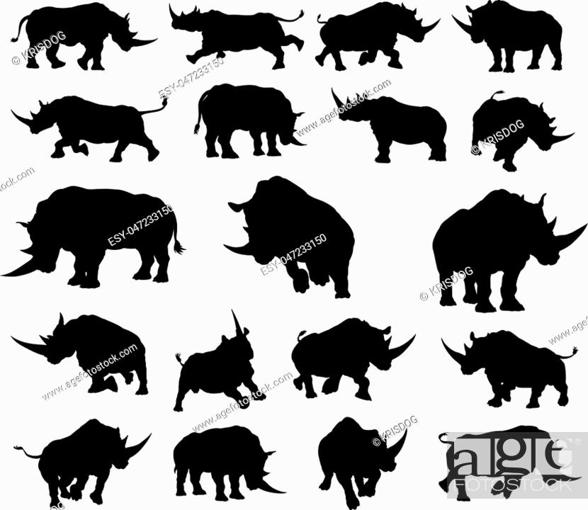 Stock Vector: A set of rhino or rhinoceros animal Silhouettes.