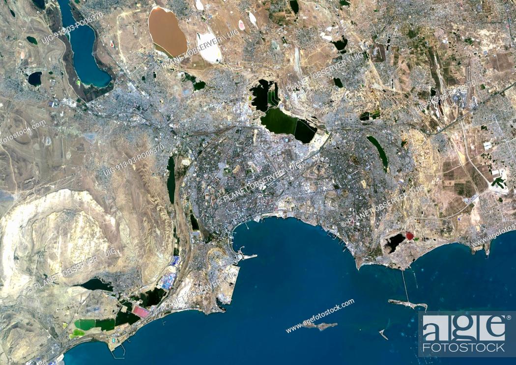 Stock Photo: Colour satellite image of Baku, Azerbaijan. Image taken on August 16, 2014 with Landsat 8 data.