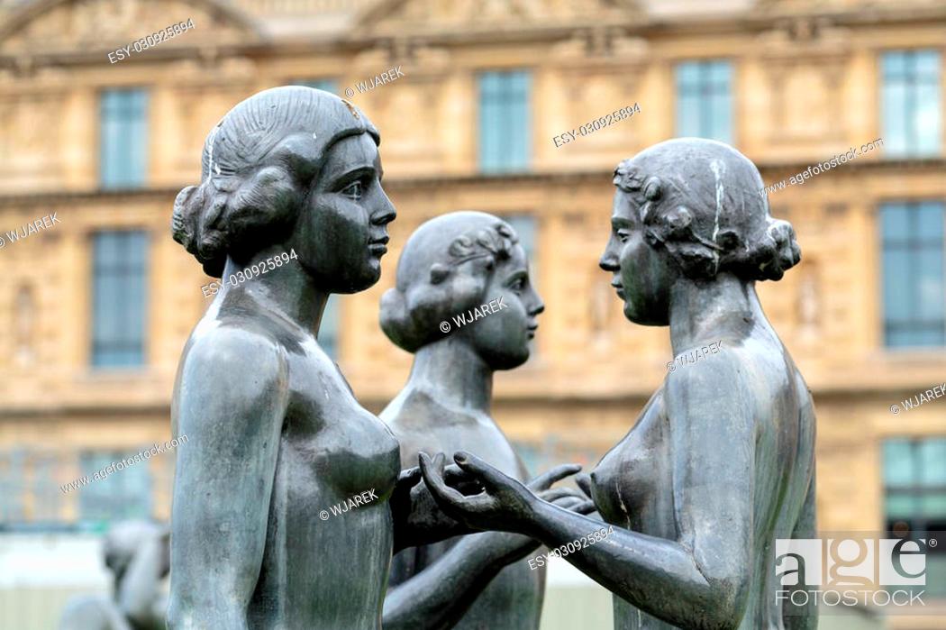 Stock Photo: Paris - Bronze sculpture The Three Nymphs by Aristide Maillol in Tuileries garden.