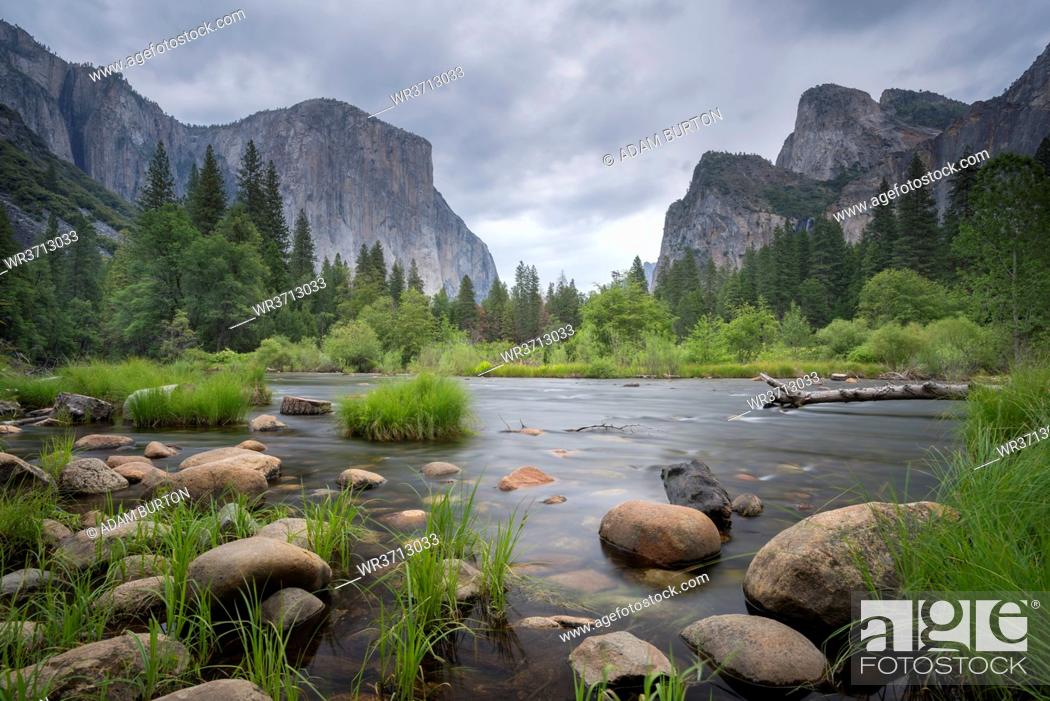 Stock Photo: The Merced River at Valley View in spring, Yosemite National Park, UNESCO World Heritage Site, California, United States of America, North America.