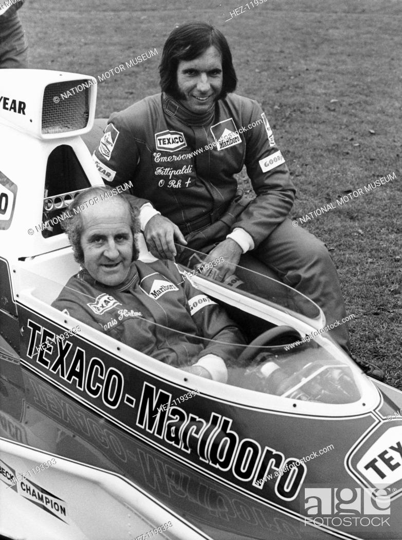 Stock Photo: Denny Hulme and Emerson Fittipaldi, 1974. Hulme, (in the McLaren M23), and Fittipaldi in their Texaco-Marlboro Mclaren racing overalls.
