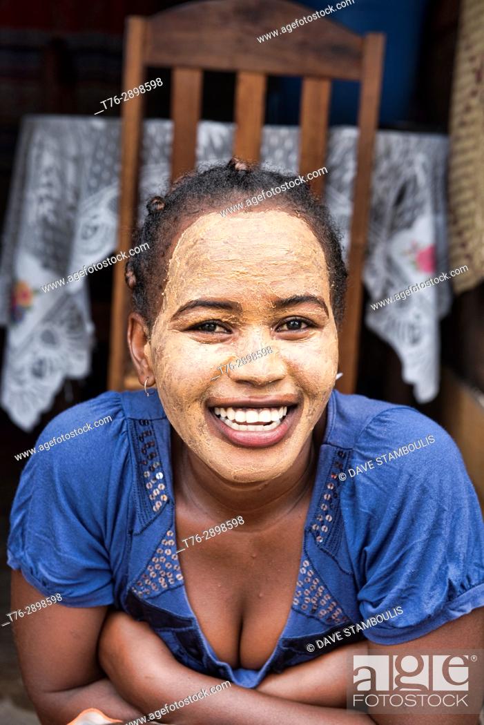Stock Photo: Sakalava woman with Tabaky face paint, Morondava, Madagascar.
