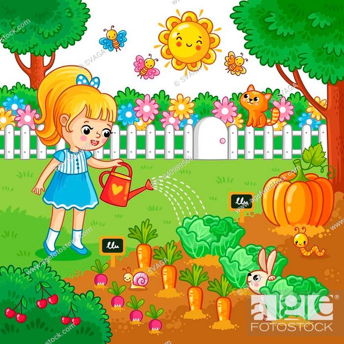 Girl is watering garden bed with vegetables. Vector illustration with  farming crops in cartoon style, Stock Vector, Vector And Low Budget Royalty  Free Image. Pic. ESY-040989569 | agefotostock