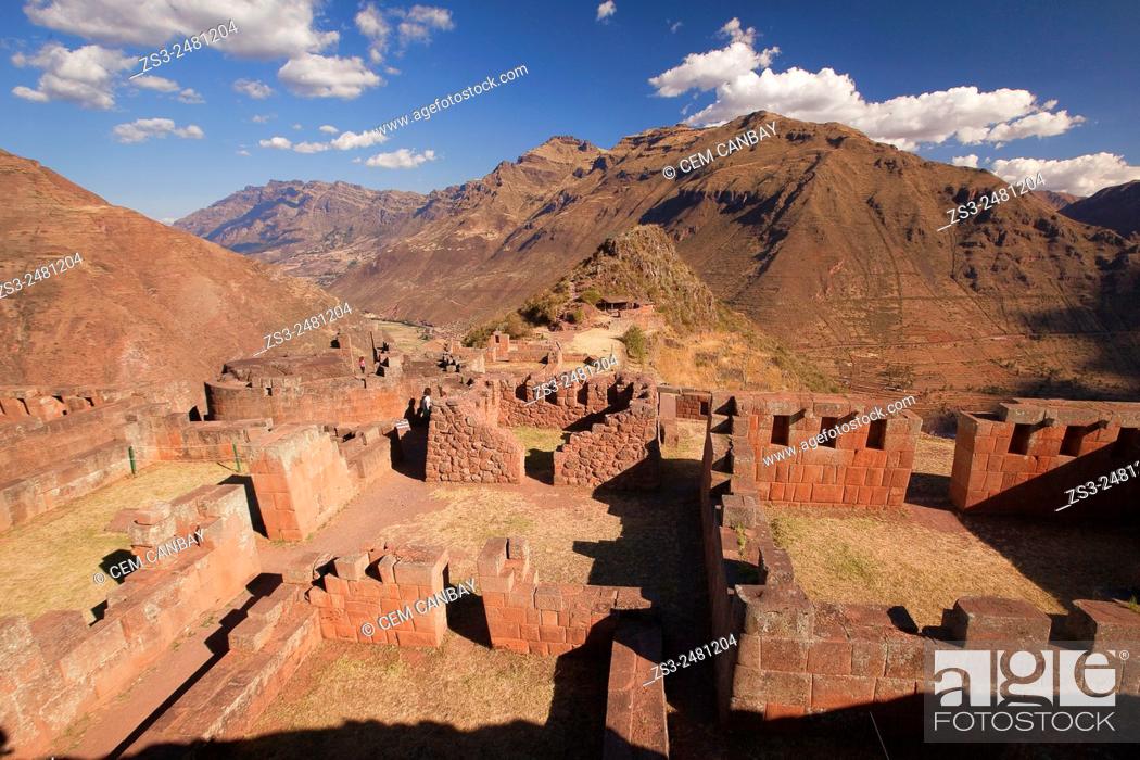 Stock Photo: People at the Inca terraces of the ancient Inca settlement, Pisac Ruins , Cusco Region, Peru, South America.