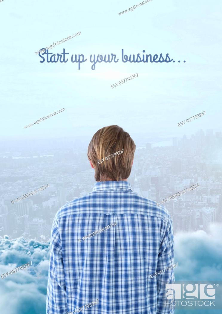 Stock Photo: Man looking out across city with text at top.