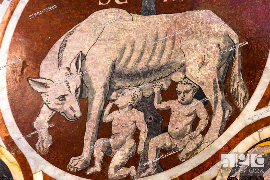 Stock Photo: Roman Wolf Romulus Remus Founders Rome Marble Mosaic Floor Nave Cathedral Church Siena Italy. Cathedral completed from 1215 to 1263.