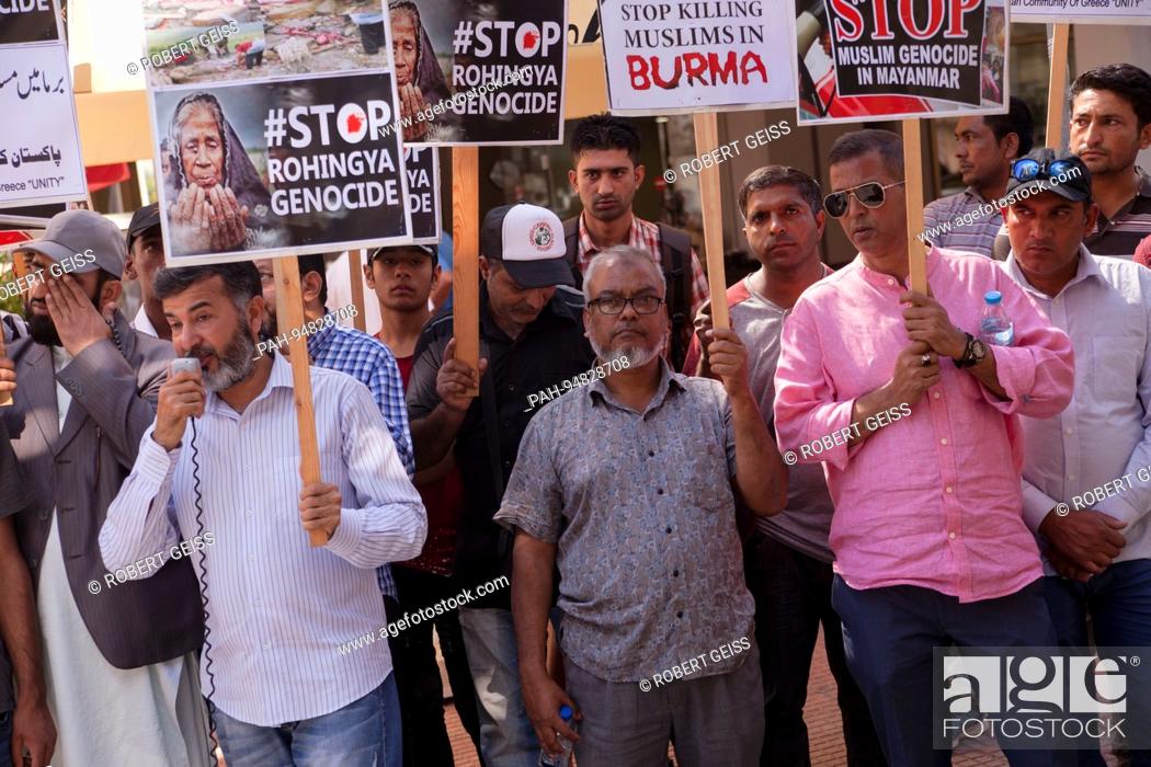 Stock Photo: Members of Pacistan Union in Greece, protest in front of Consulate General of Myanmar, demanding stop of diplomatic relations between Greece and Burma.