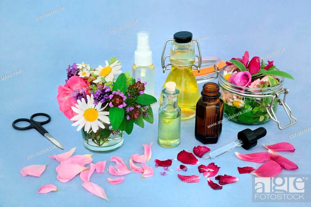 Stock Photo: Flower infusion for natural herbal plant medicine with summer flowers and herbs, essential oil bottles and flora steeped in oil.