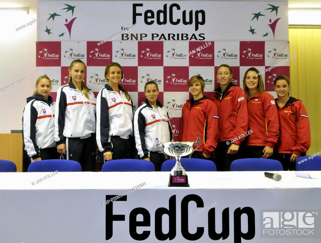 Stock Photo: ***FILE PHOTO*** Slovak and Belgian Fed Cup teams, from left to right, Slovaks Lenka Wienerova, Magdalena Rybarikova, Daniela Hantuchova.