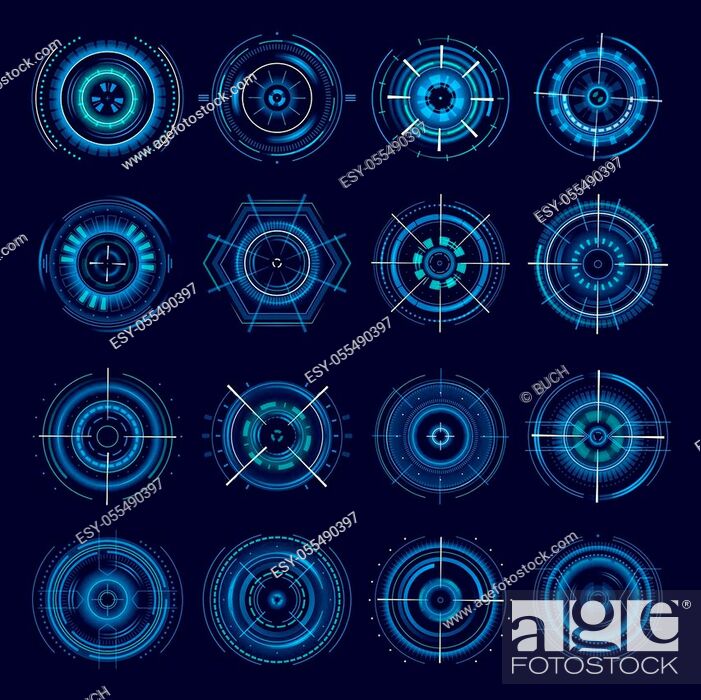 Futuristic military aims, vector optical aiming sci-fi spaceship crosshair,  HUD user interface, Stock Vector, Vector And Low Budget Royalty Free Image.  Pic. ESY-055490397 | agefotostock