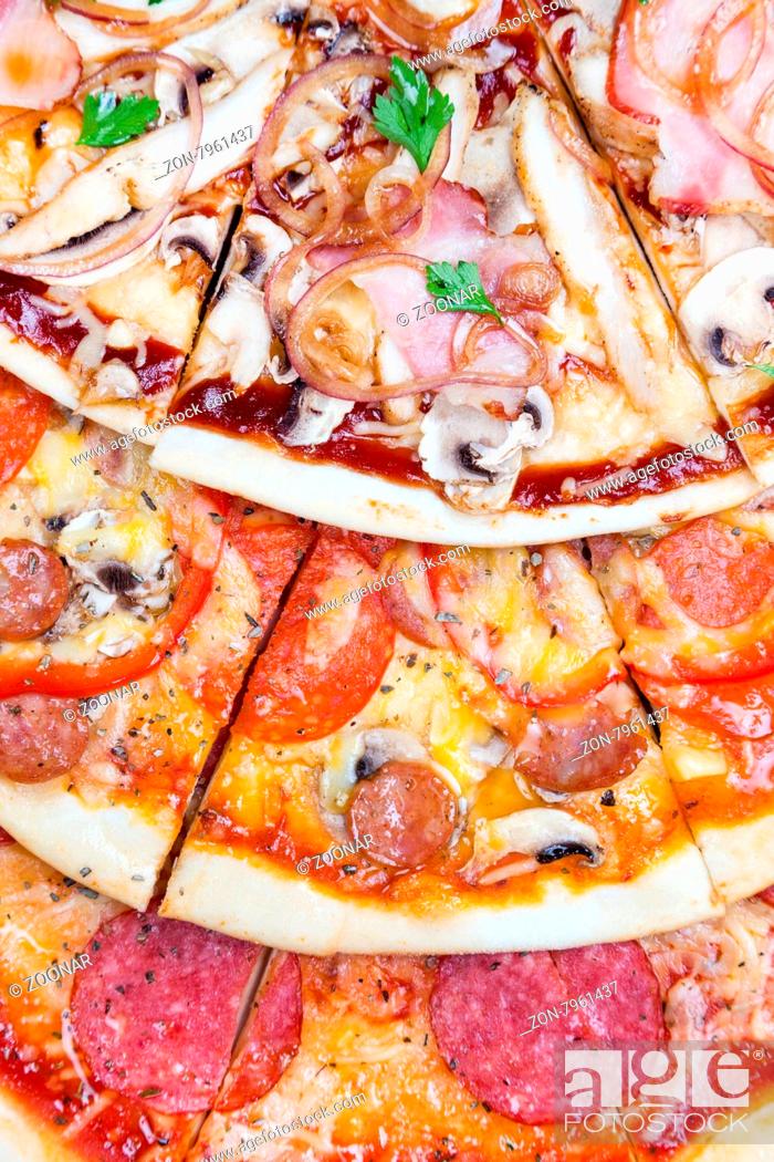 Stock Photo: combo with three different slices of pizzas closeup from top. for advertisement or web design, promo, special price.