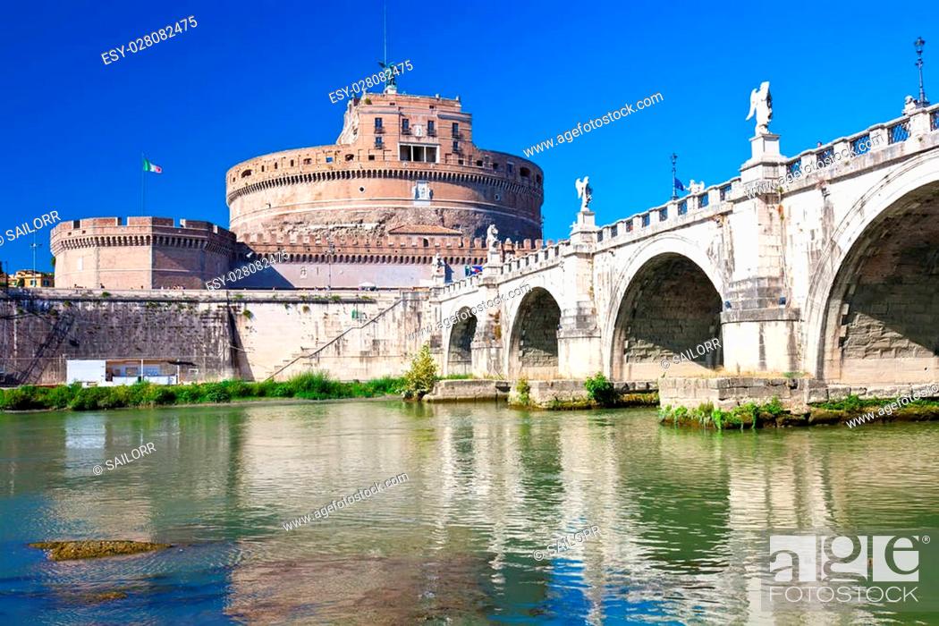 Stock Photo: Famous Saint Angel castle and bridge over Tiber river in Rome, Italy.