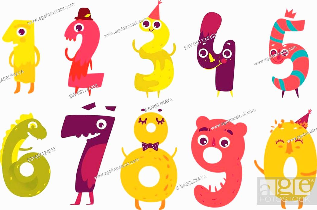 Set of cute number characters - zero, one, two, three, four, five, six,  seven, eight, nine, Foto de Stock, Vector Low Budget Royalty Free. Pic.  ESY-051124253 | agefotostock