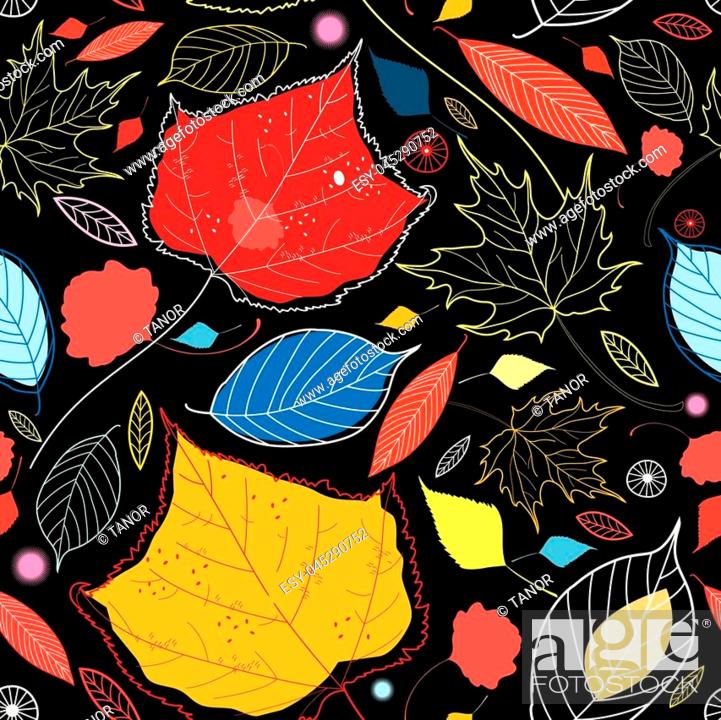 Seamless Autumn Pattern Leaves Different On A Dark Background