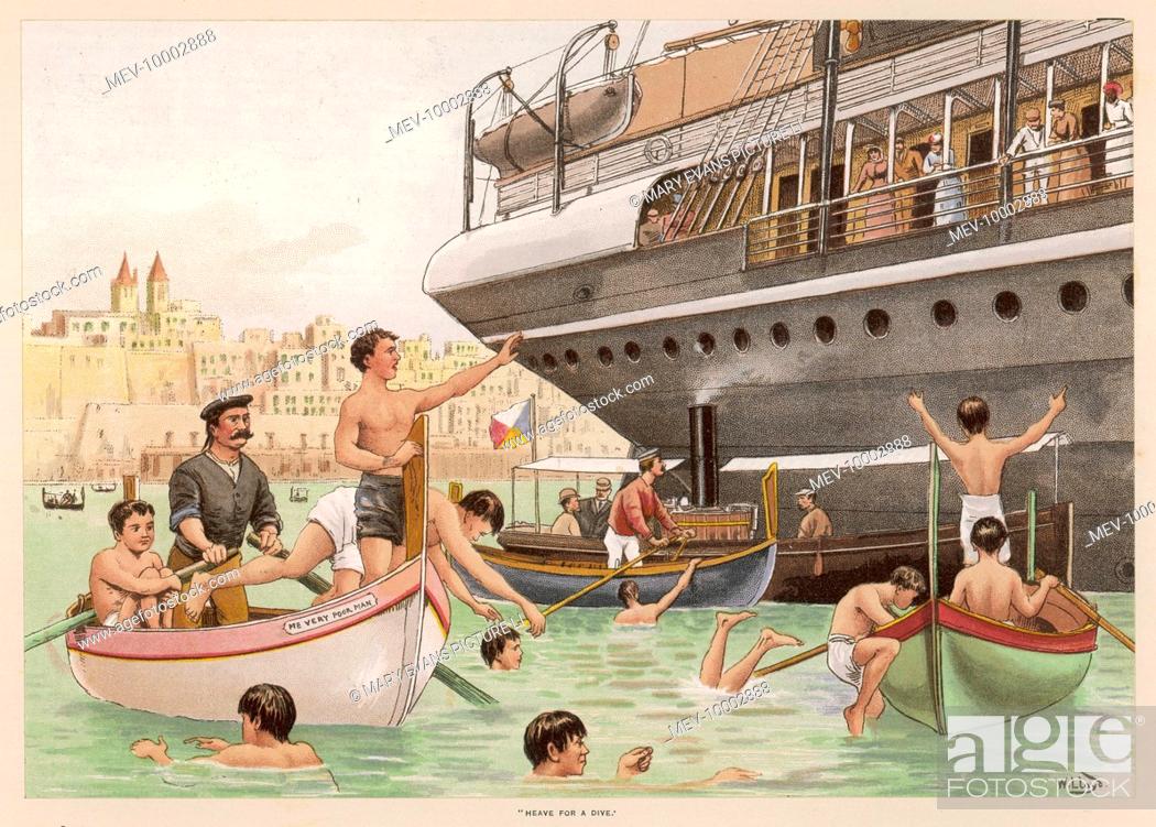 Stock Photo: Passengers on an India-bound P&O liner are treated to a display of diving (for coins) by Maltese boys.