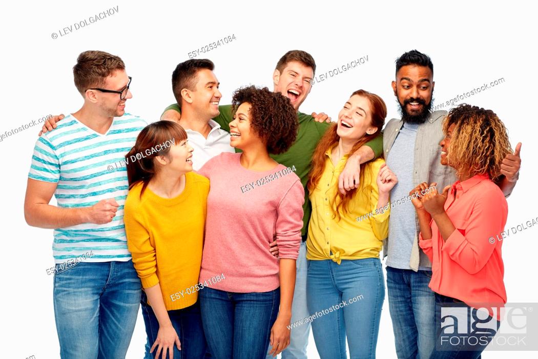 Stock Photo: diversity, race, ethnicity and people concept - international group of happy men and women laughing over white.