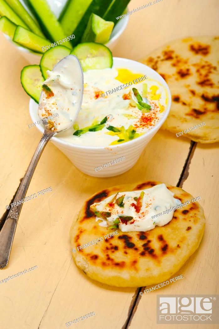 Stock Photo: Arab middle east salatit laban wa khâ. . yar Khyar Bi Laban goat yogurt and cucumber salad.
