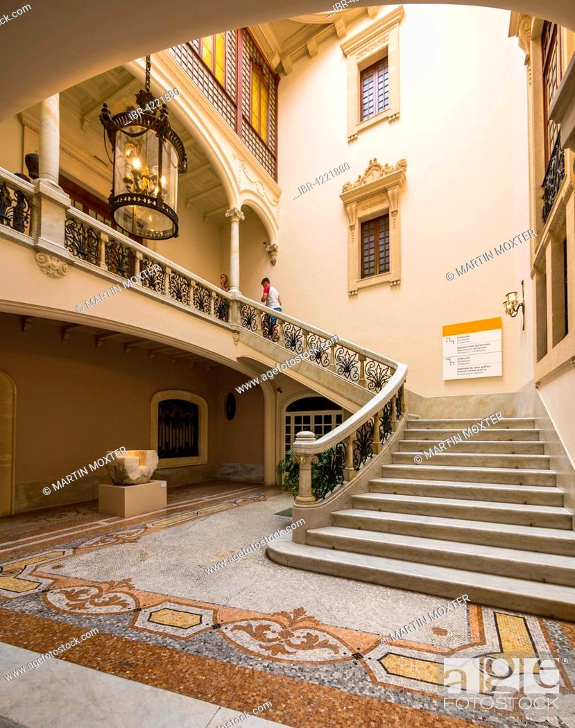 Stock Photo: El Museu d'Art Espanyol Contemporani, Museum of Spanish Contemporary Art, staircase in the courtyard, inner courtyard, former city palace Can Gallard del Canyar.