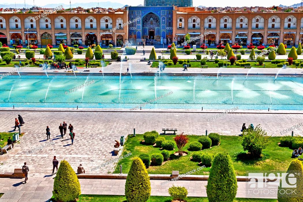 Stock Photo: blur in iran  the old square of isfahan prople garden tree heritage tourism and mosque.