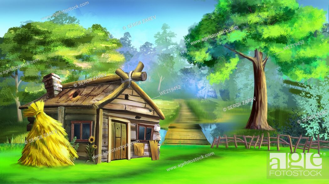 Photo de stock: Old rickety wooden house in a village. Digital Painting Background, Illustration.